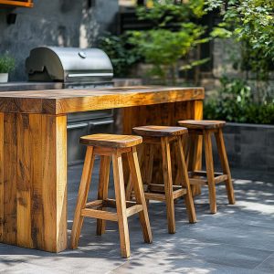 outdoor living space creation project for an outdoor high wood bench and chairs in seattle